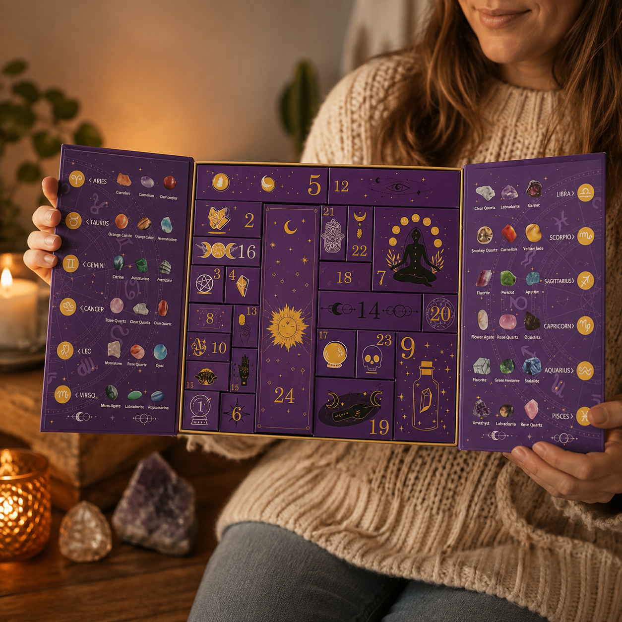 Kristall-Adventskalender mit 31 Edelsteinen und Hexenfigur