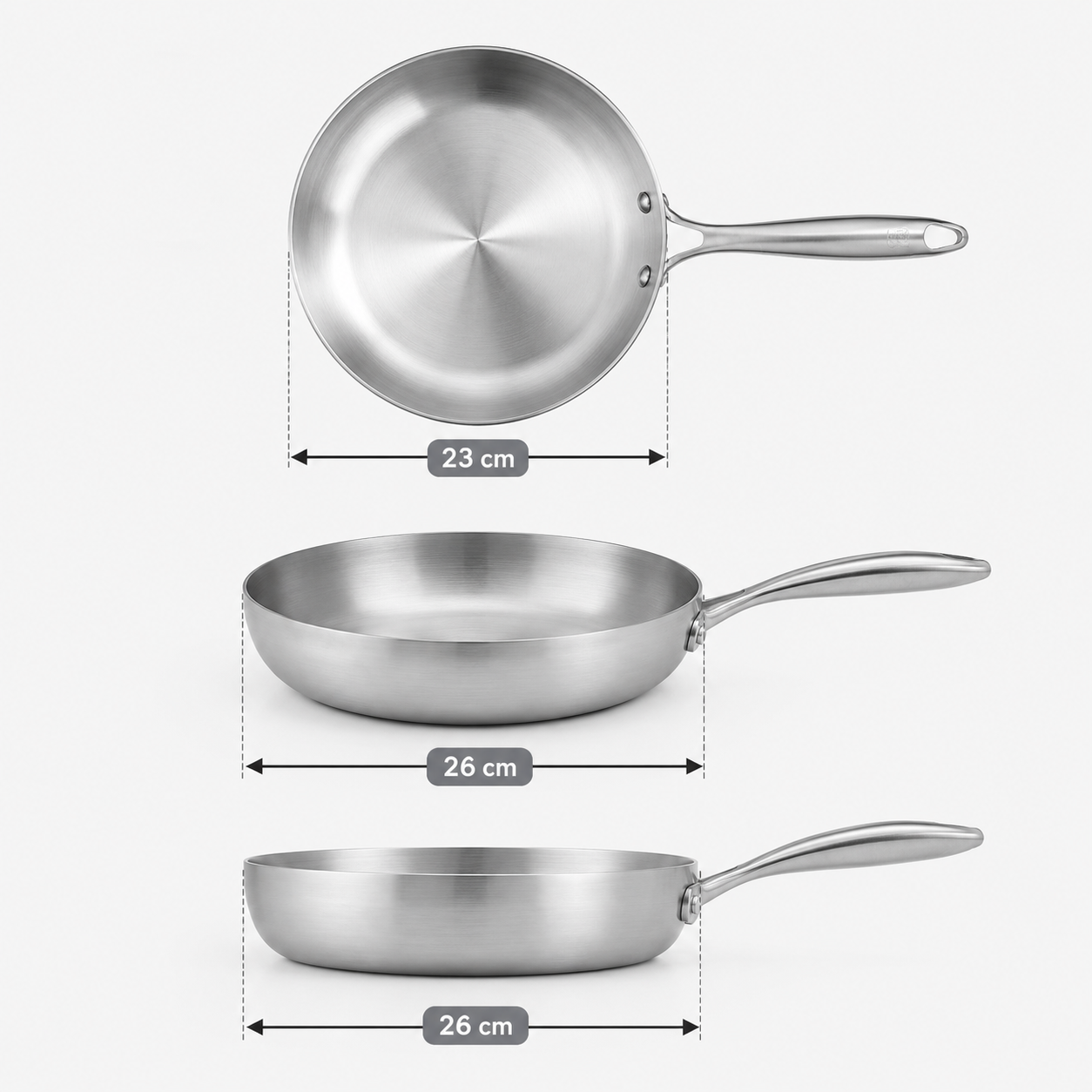 Bratpfannen-Set Edelstahl 3-teilig – 23/26/26 cm