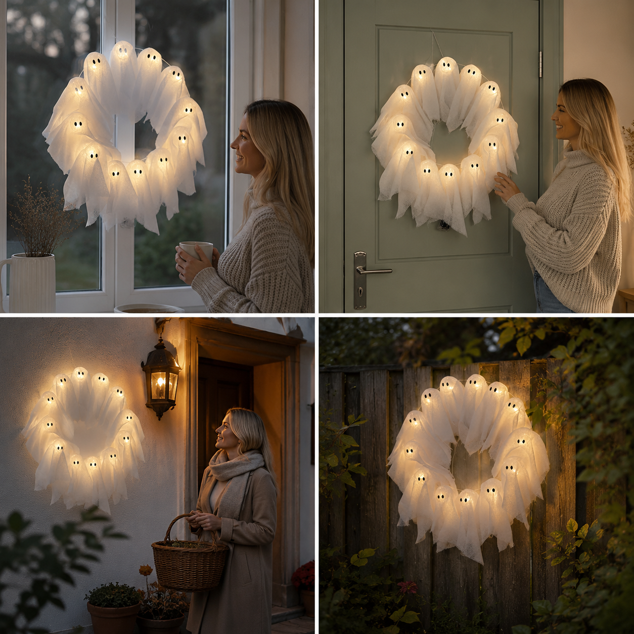 Geister-Kranz LED beleuchtet – 31 cm für Tür und Fenster