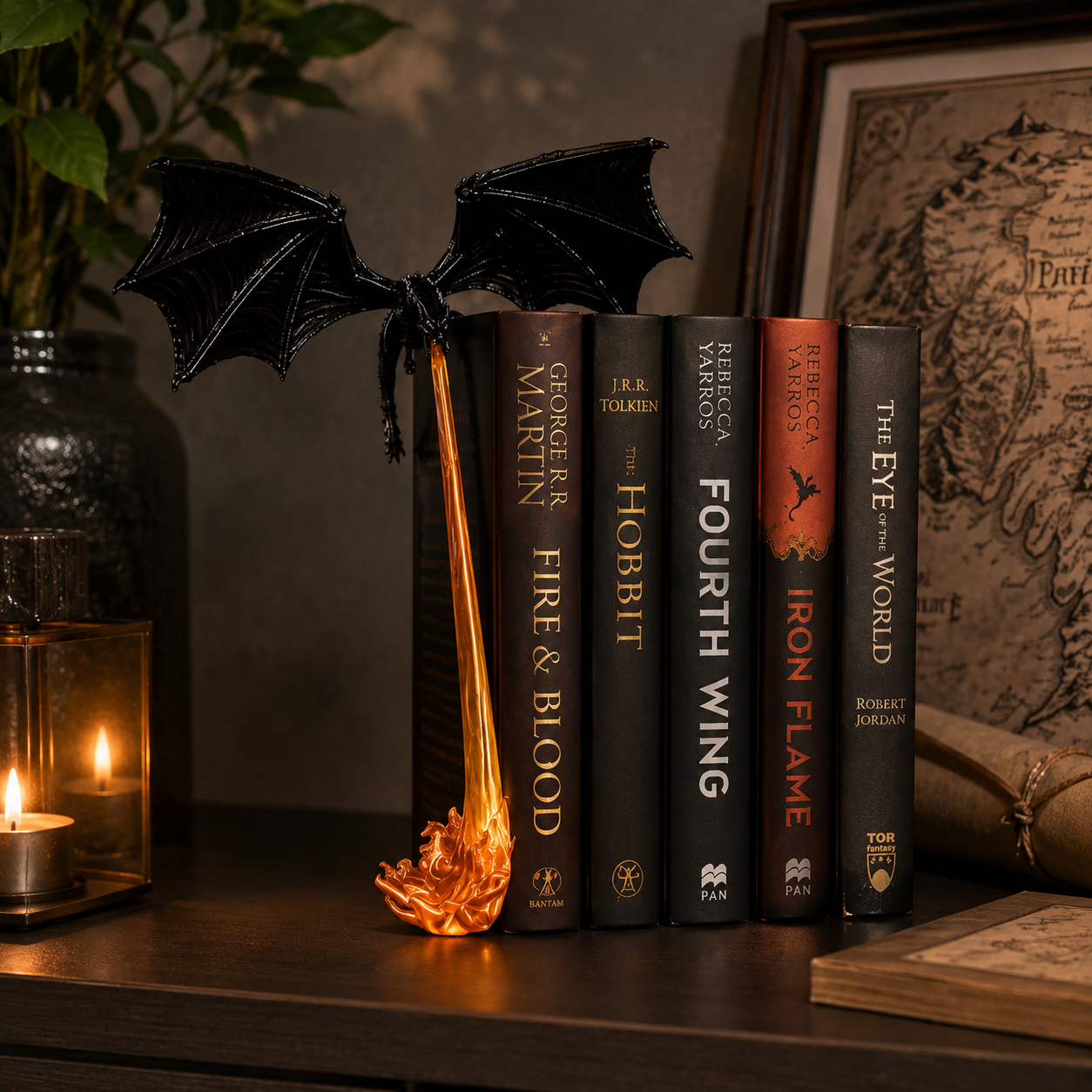 Drachen-Buchstütze mit Flammen-Design