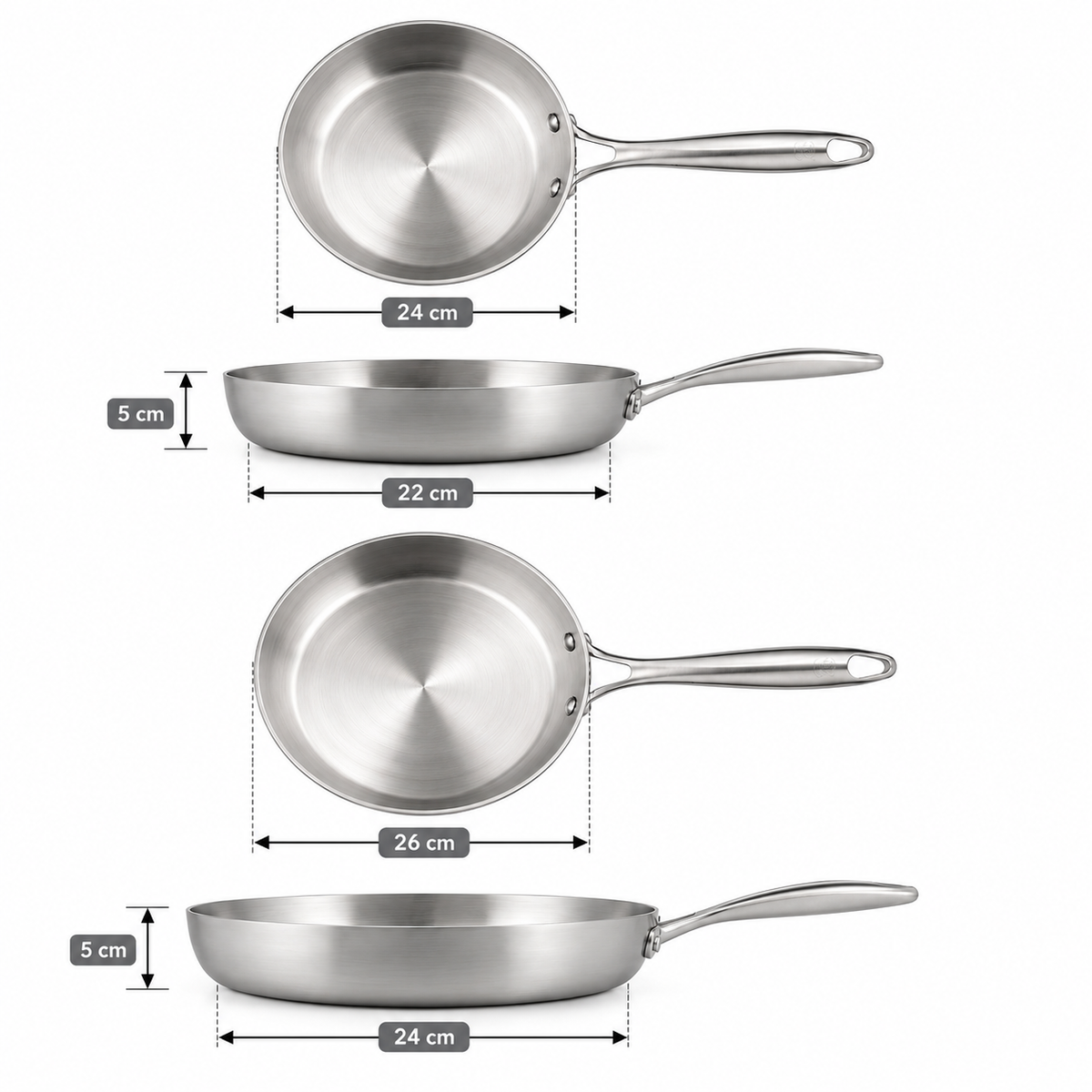 Bratpfannen-Set Edelstahl 3-teilig – 24/26/26 cm