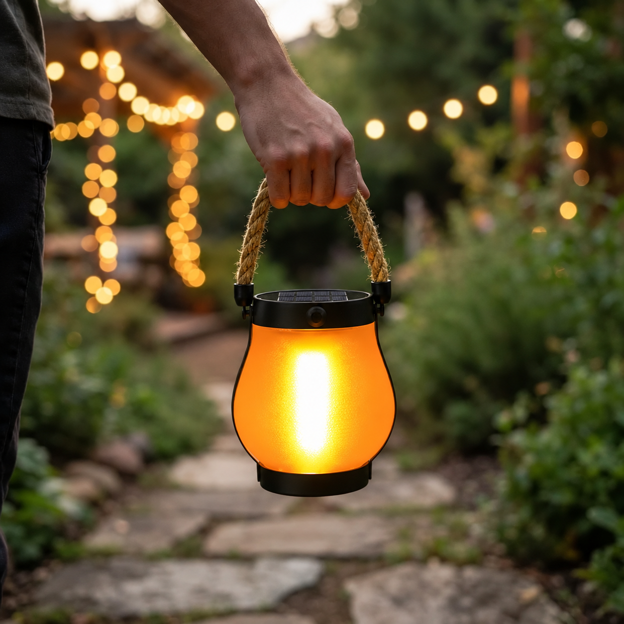 Solar flame lantern with real flicker effect — mood lighting for garden & terrace