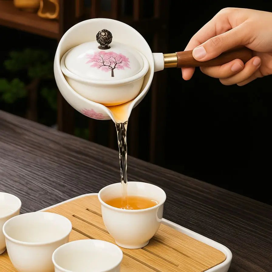 Teekanne ceramic with cherry blossom decor and rotating strainer
