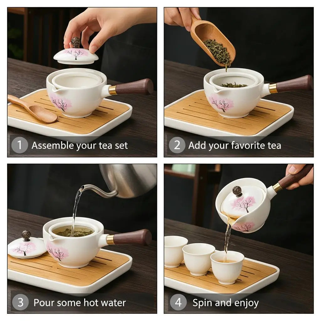 Teekanne ceramic with cherry blossom decor and rotating strainer