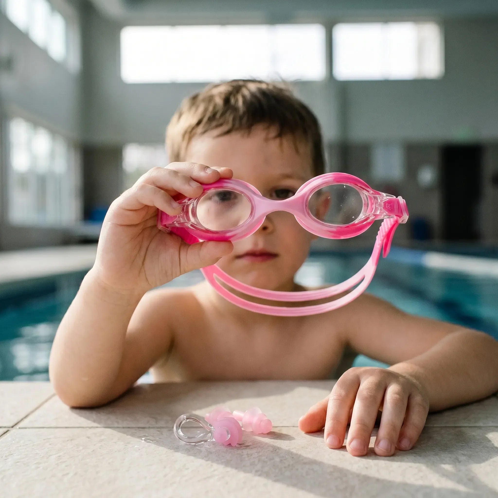Schwimmbrille für Kinder mit Nasenklemme und Ohrstöpsel