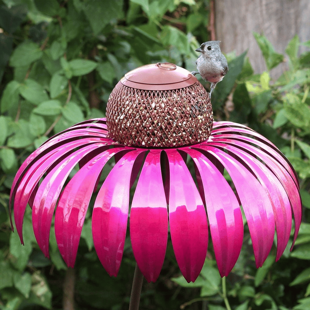 Vogelfutterspender Sonnenblume Metall mit bunten Blütenblättern