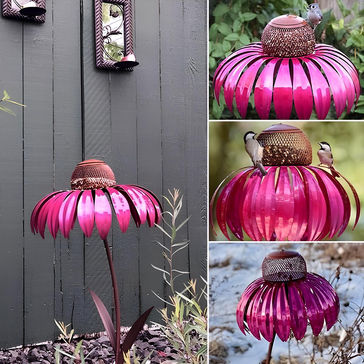 Vogelfutterspender Sonnenblume Metall mit bunten Blütenblättern