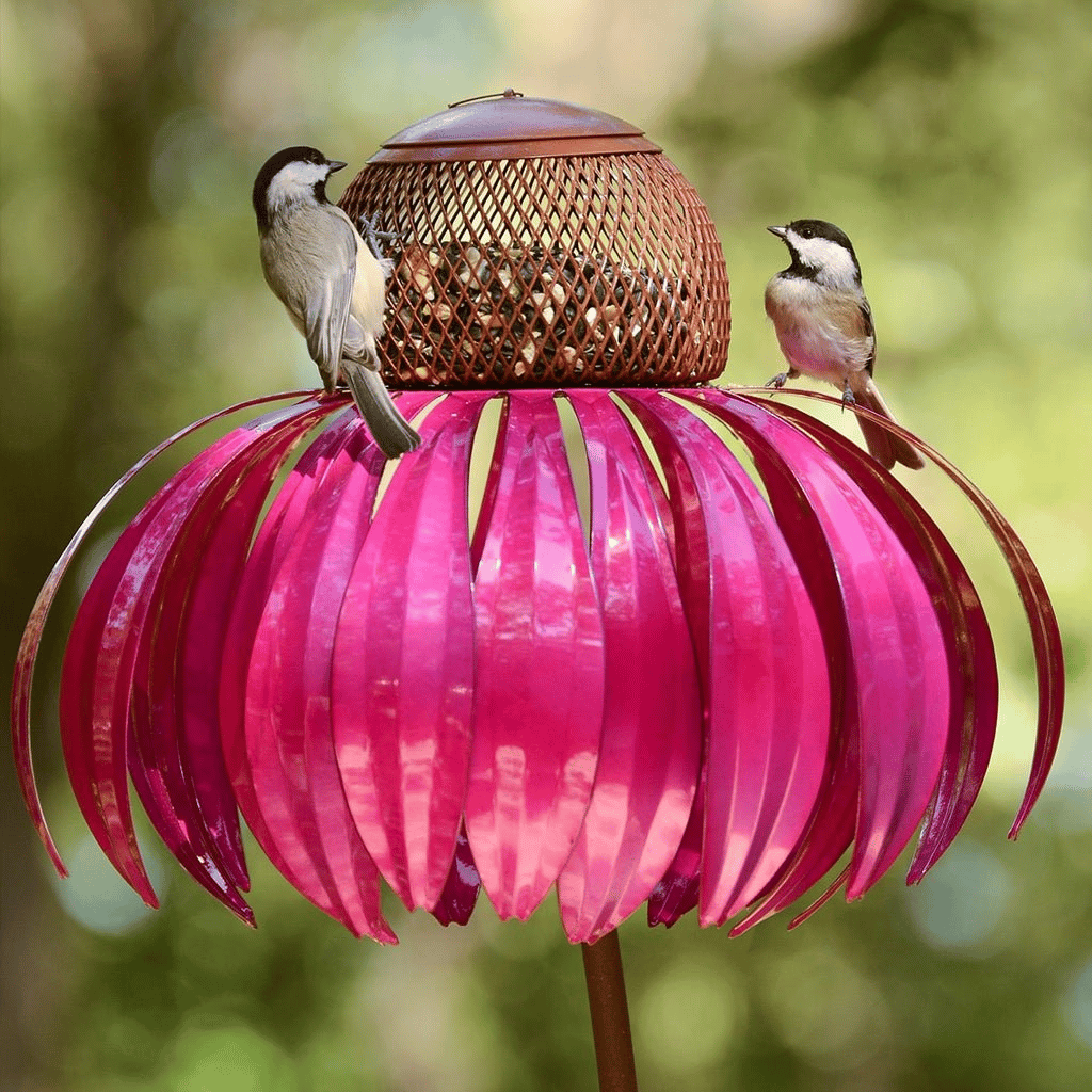 Vogelfutterspender Sonnenblume Metall mit bunten Blütenblättern
