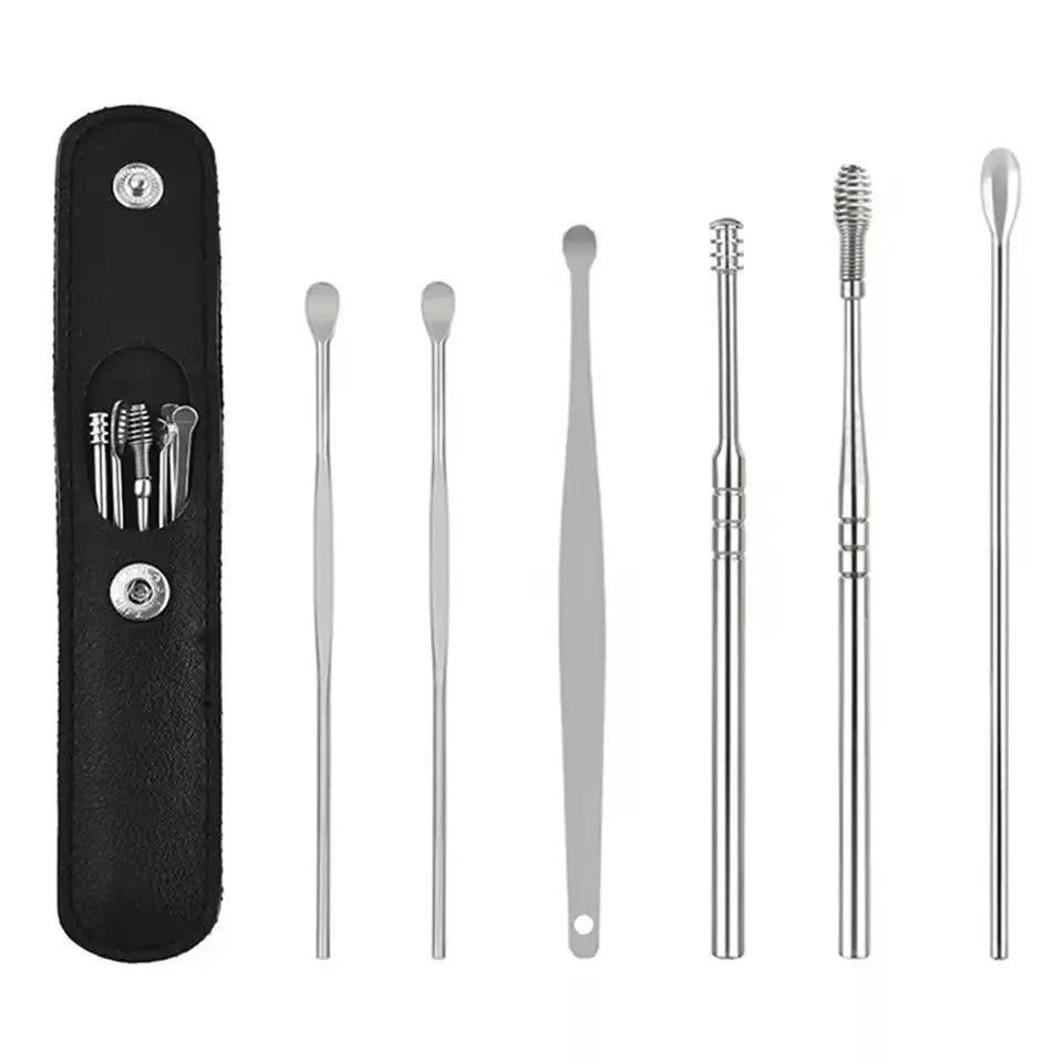 Ohrenreinigungs-Set mit 6 Edelstahlwerkzeugen und Lederetui