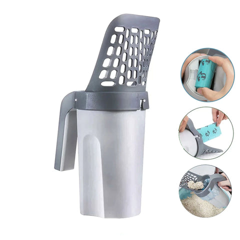 Cat litter scoop with collection container and poop bags