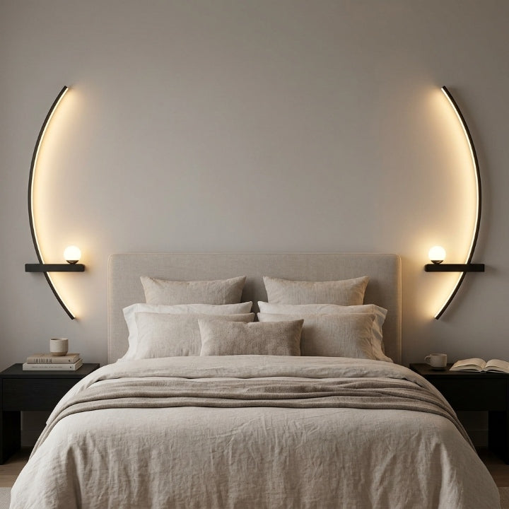 Curved LED wall light, aluminum, 3 light colors, hardwired 220V installation, 55/85 cm, set of 2