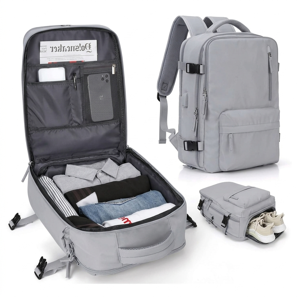 Travel backpack 35 L with USB port and shoe compartment