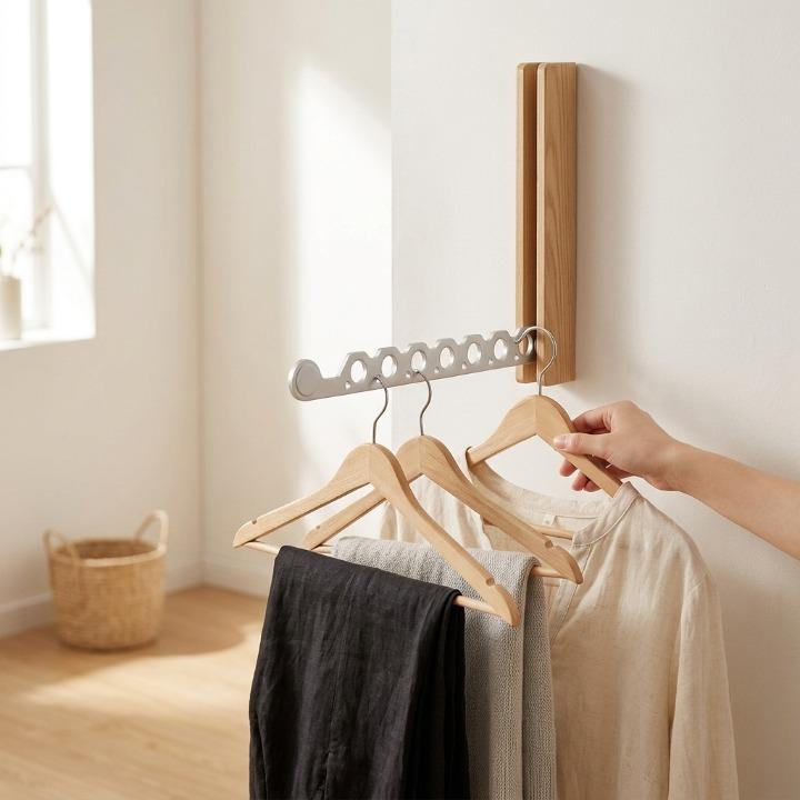 Foldable wall-mounted wooden coat rack with a space-saving design