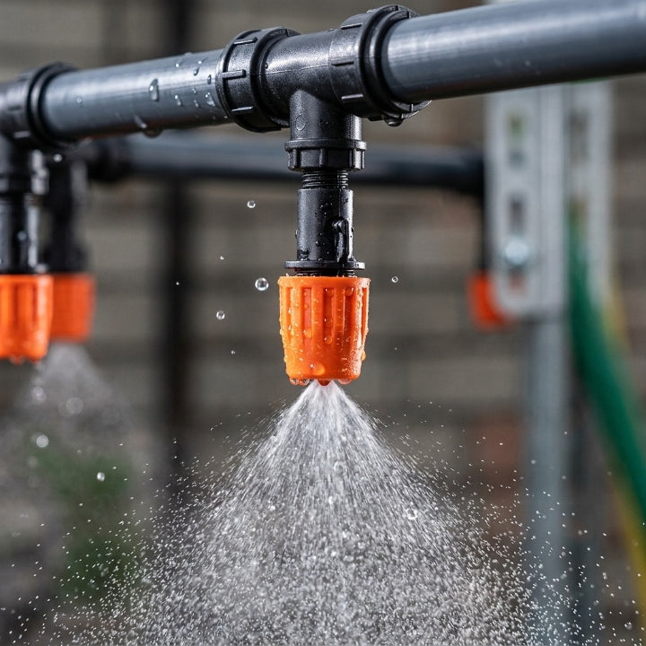 Irrigation System with Fine-Mist Spray Nozzles for Garden and Patio
