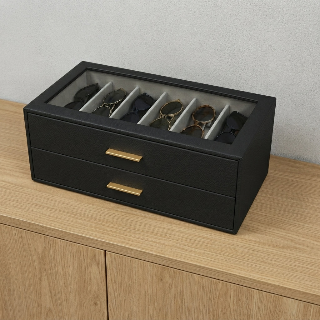 Sonnenbrillen-Organizer PU-Leder 2-stöckig mit Glasdeckel