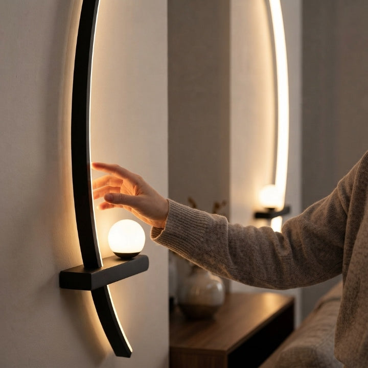 Curved LED wall light, aluminum, 3 light colors, hardwired 220V installation, 55/85 cm, set of 2