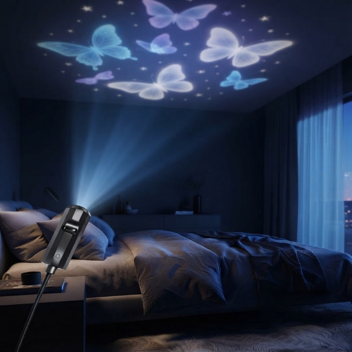 LED Sternenhimmel Projektor, Ø 4 m Projektion, 10 Einsätze (Galaxie, Ozean oder Schmetterling), USB