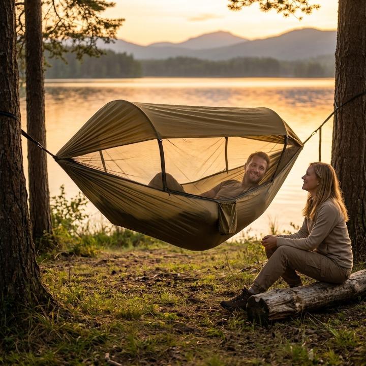 Outdoor hammock with mosquito net and sunshade
