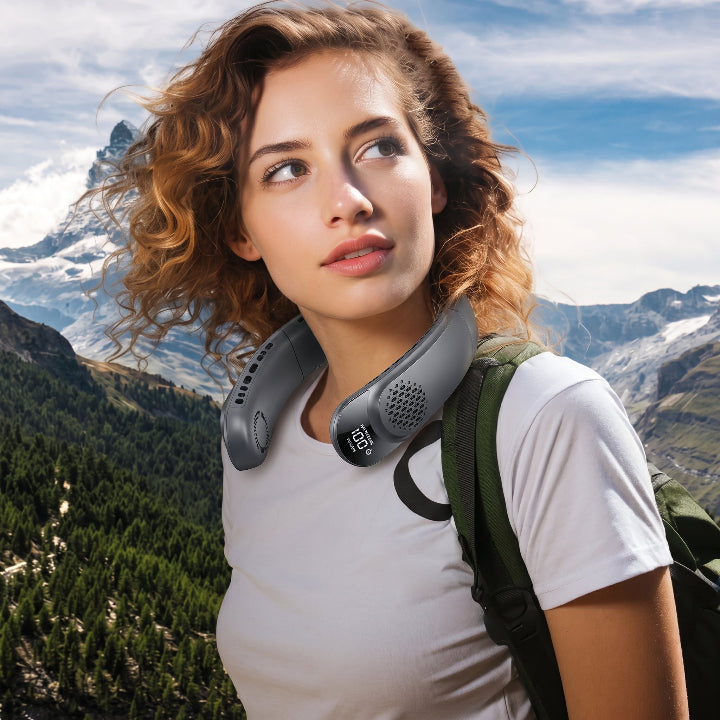 Wireless neck fan with LCD display, 3 fan speeds, 4000 mAh battery