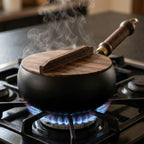 Gusseisenpfanne mit Holzdeckel und Griff