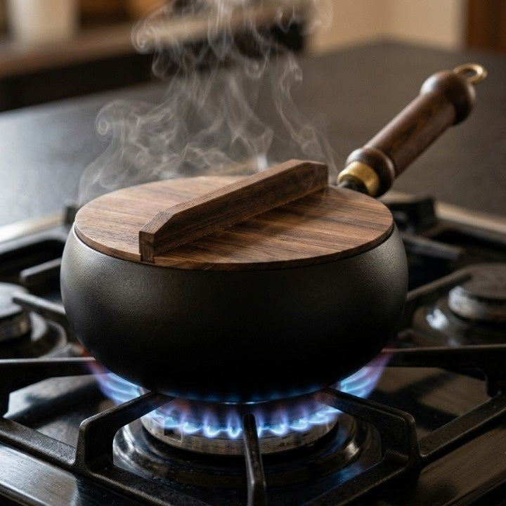 Gusseisenpfanne mit Holzdeckel und Griff