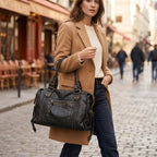 Handtasche aus PU-Leder mit Vintage-Waschung, Laptopfach, 38 × 16 × 29 cm, Gold-Metallic-Details