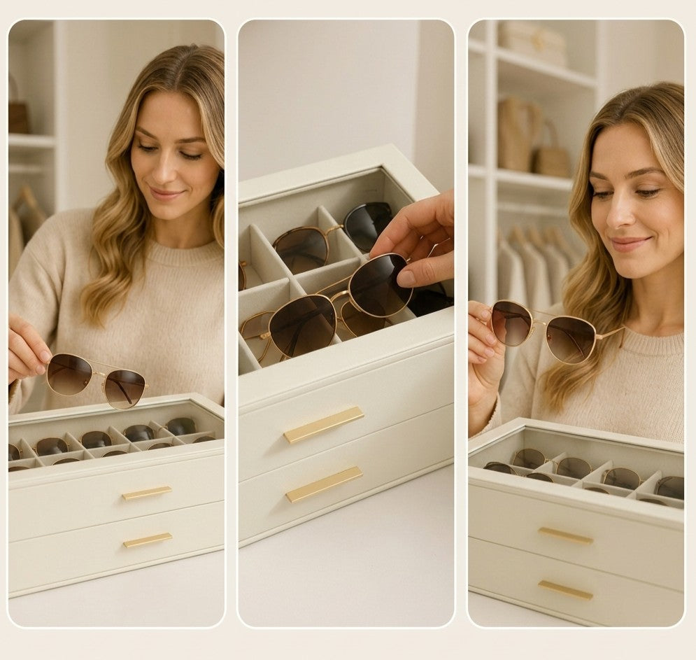 Sonnenbrillen-Organizer PU-Leder 2-stöckig mit Glasdeckel