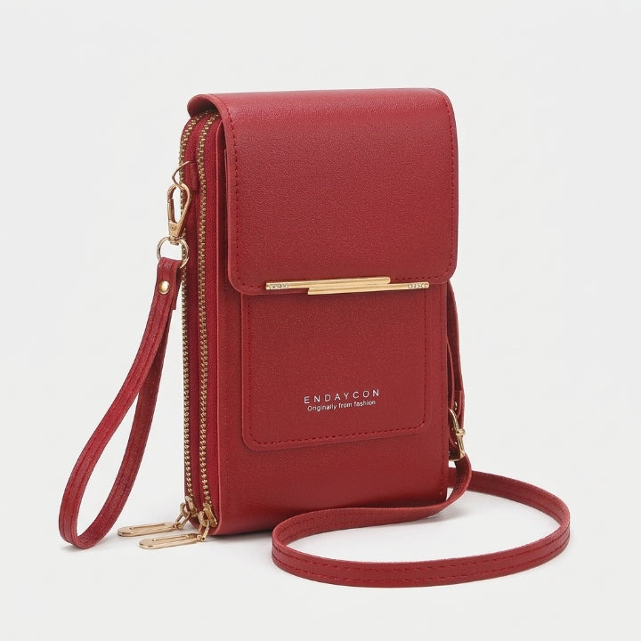 Crossbody phone bag with touchscreen window and card slots, faux leather