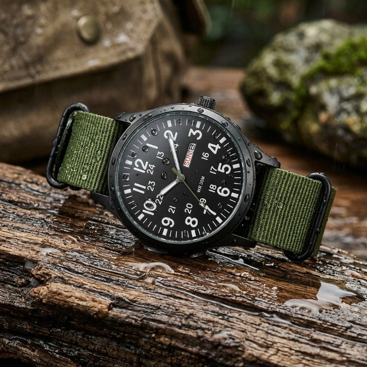 Herrenuhr im Military-Stil mit NATO-Armband, 4,2 cm, 24-Stunden-Anzeige