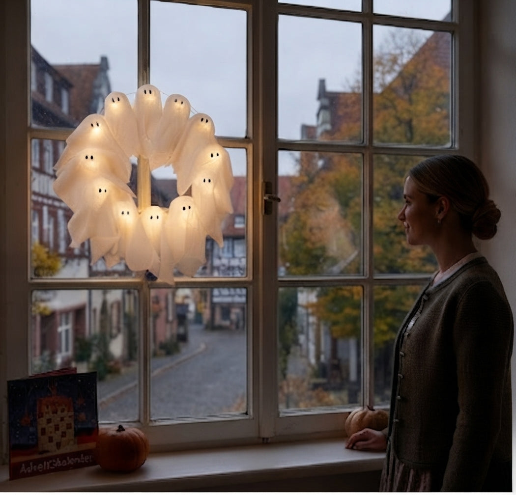 Geister-Kranz LED beleuchtet – 31 cm für Tür und Fenster