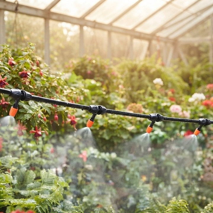 Bewässerungssystem mit Feinnebel-Sprühdüsen für Garten und Terrasse