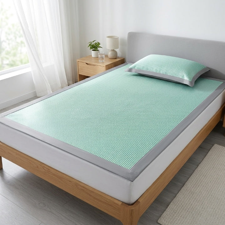 Cooling mattress protector set with pillowcase, ice silk fiber, washable