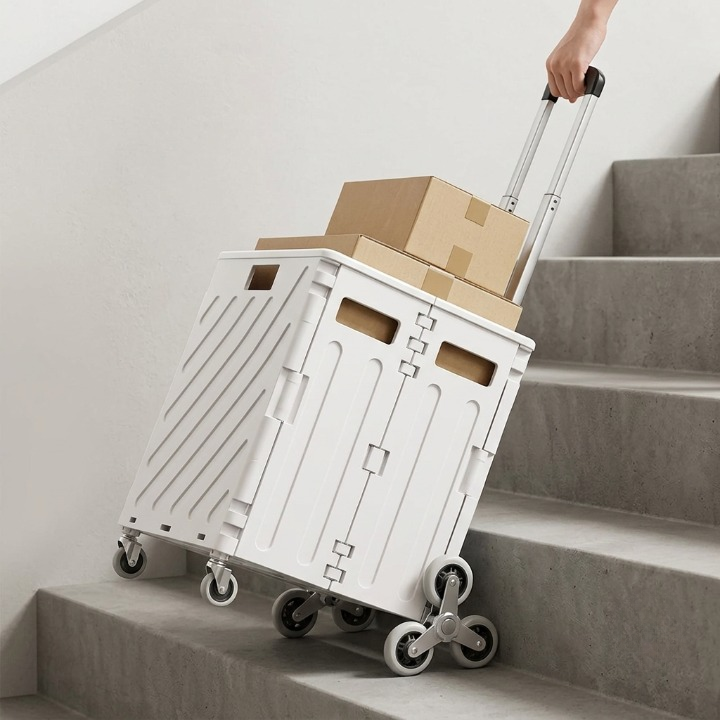 Foldable transport trolley with stair wheels