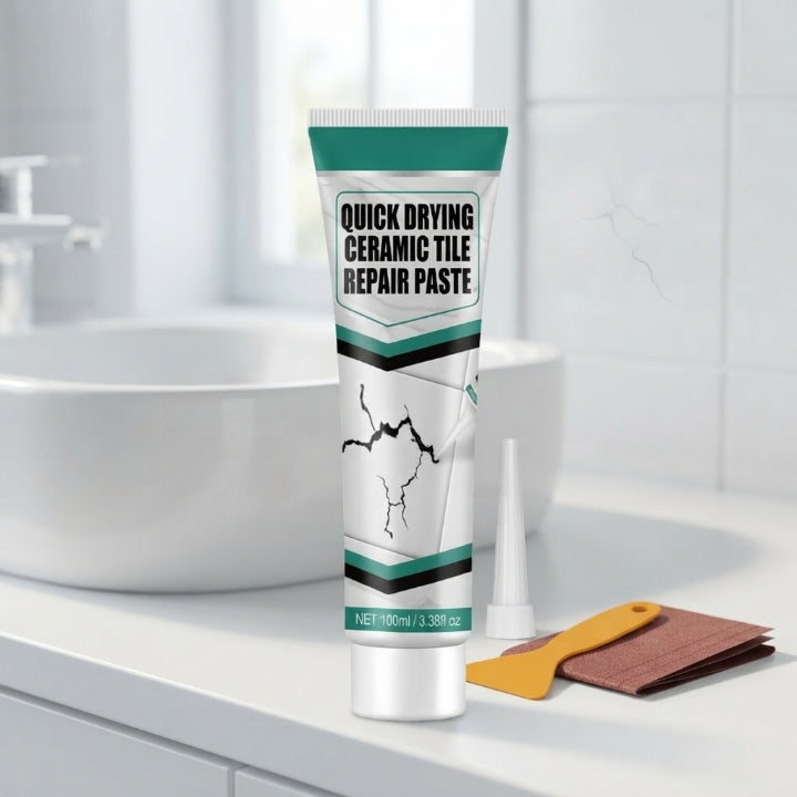 Reparaturpaste für Fliesen mit Spachtel und Schleifpapier, 100 ml