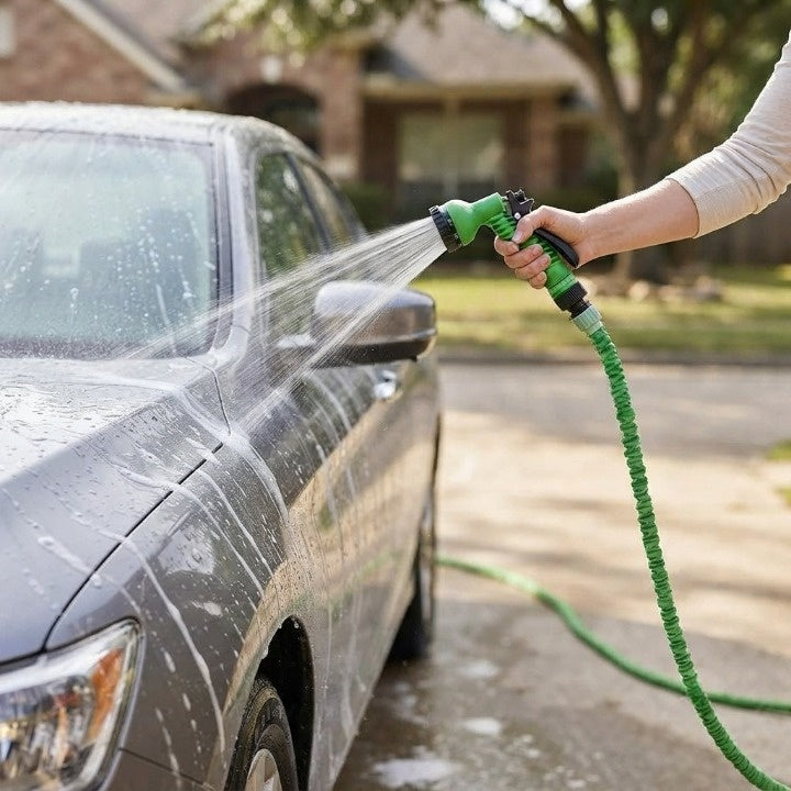 Stretchable garden hose with 7-function spray gun – Expands to 3 times its length