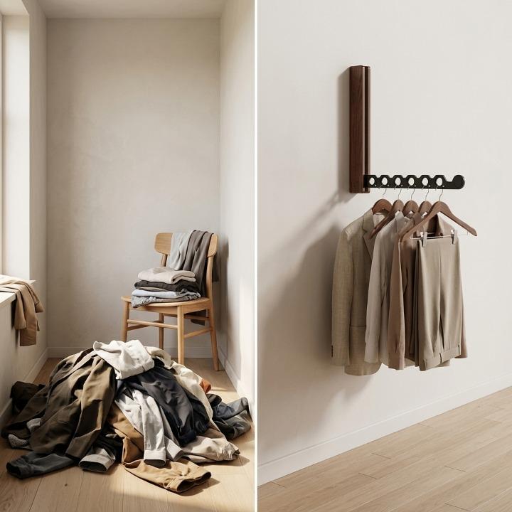 Foldable wall-mounted wooden coat rack with a space-saving design