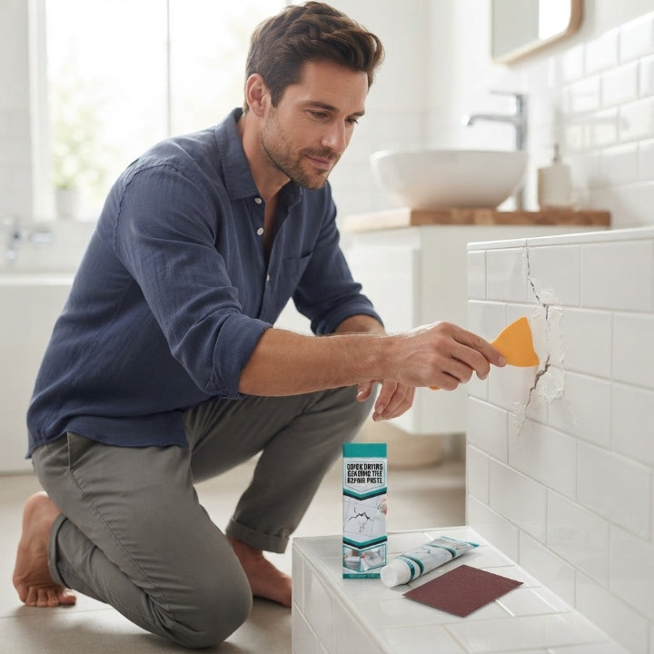 Reparaturpaste für Fliesen mit Spachtel und Schleifpapier, 100 ml