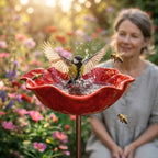 Metal flower stake with birdbath – garden decoration and water source