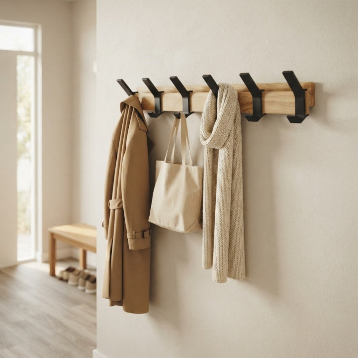 Wall coat rack with 5 double hooks – Wood & aluminum