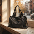 Handtasche aus PU-Leder mit Vintage-Waschung, Laptopfach, 38 × 16 × 29 cm, Gold-Metallic-Details