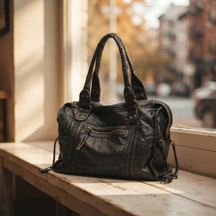 Handtasche aus PU-Leder mit Vintage-Waschung, Laptopfach, 38 × 16 × 29 cm, Gold-Metallic-Details