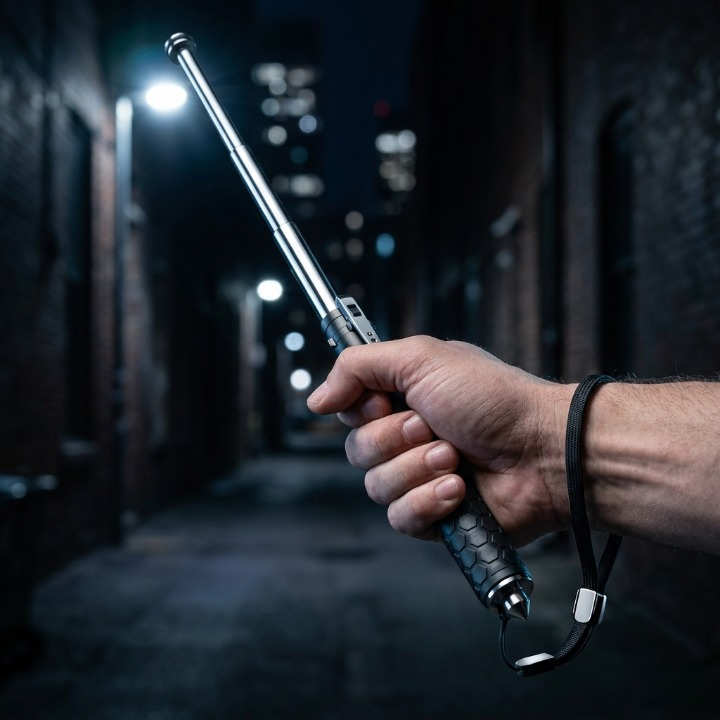 Telescopic steel baton — automatically extends to 53 cm at the push of a button