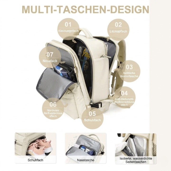 Travel backpack 35 L with USB port and shoe compartment