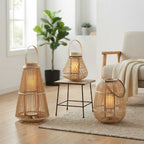 Rattan Laterne mit LED-Kerze, handgeflochten, flammenlos — in Oval, Rund oder Pyramide