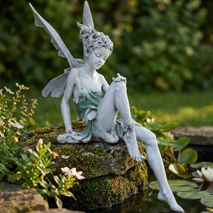 Garden Figurine Sitting Fairy Made of Resin