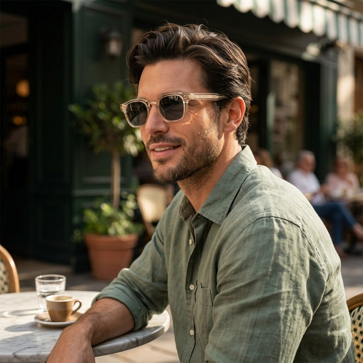 Square sunglasses with UV400 protection, scratch-resistant lenses, frame width 14.4 cm