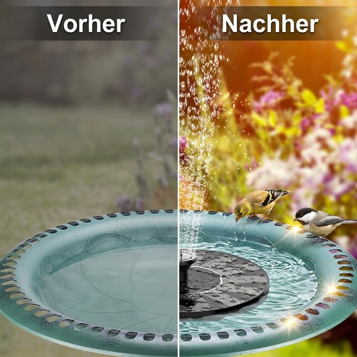 Solar-Springbrunnen — kabellos, 4 Düsen, für Vogelbad, Teich & Pool