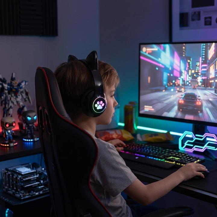 Gaming headset cat ear design with LED lighting