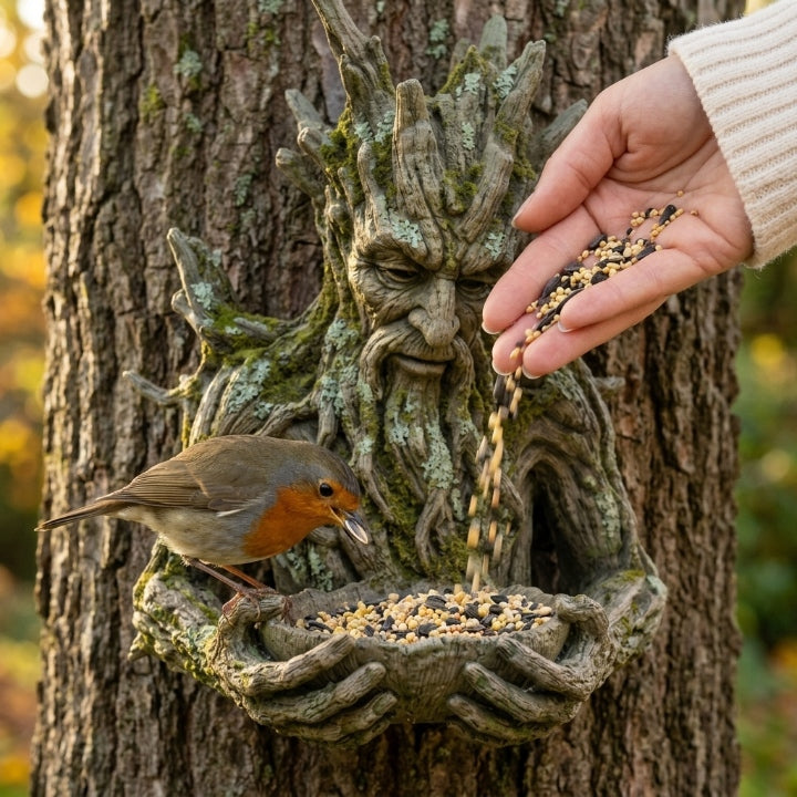 Tree-face bird feeder with bowl, resin, weather-resistant, 13.5 cm