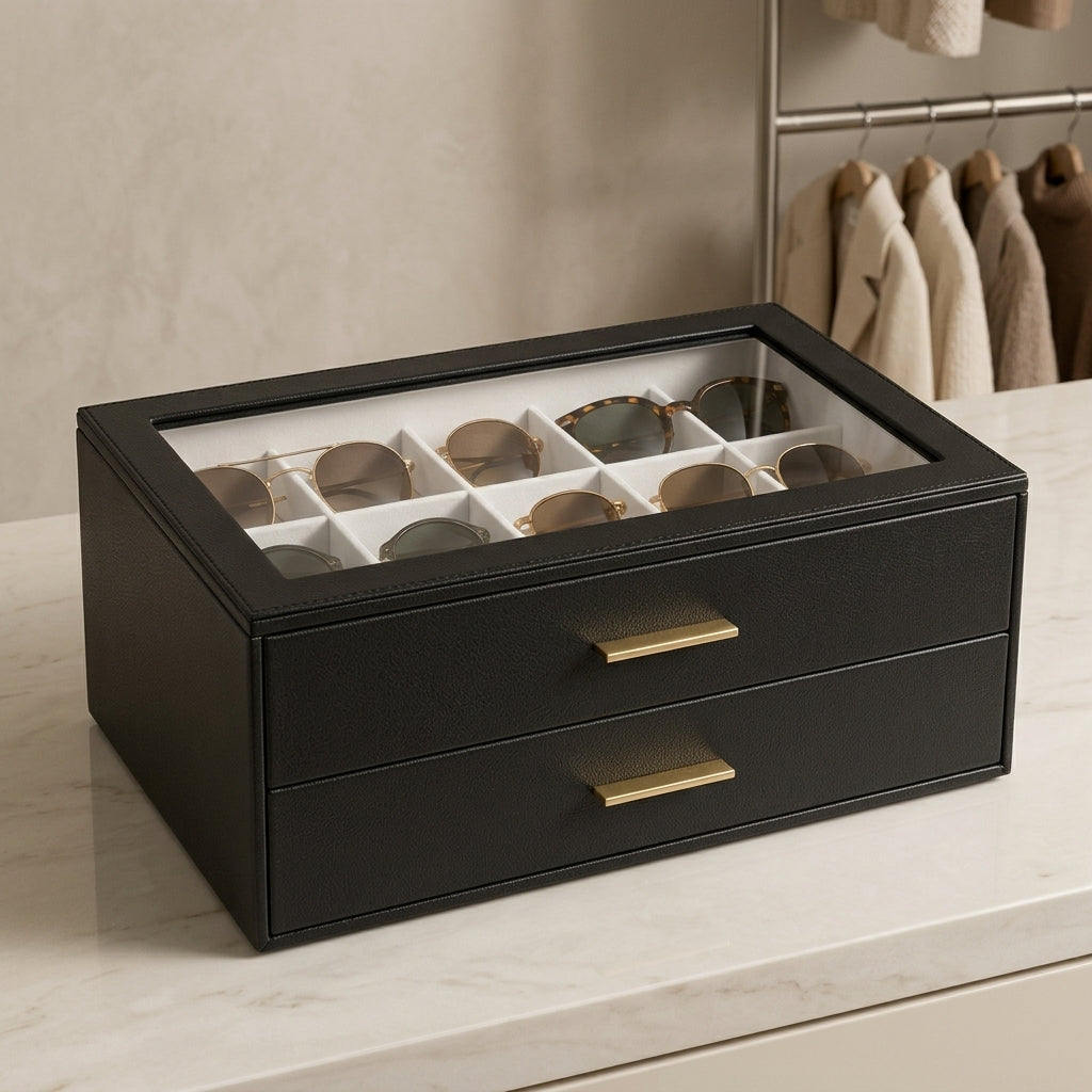 Sonnenbrillen-Organizer PU-Leder 2-stöckig mit Glasdeckel